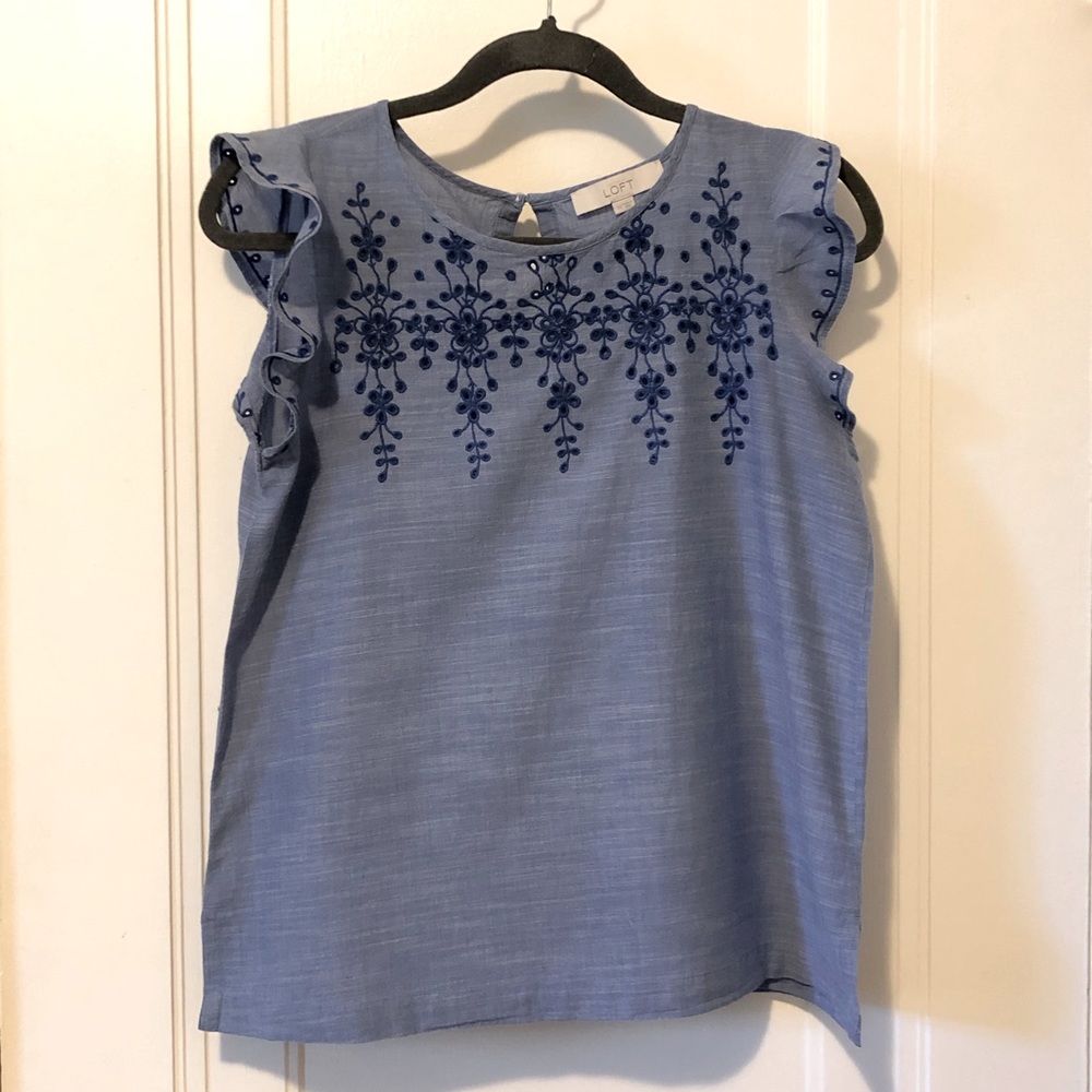 LOFT Blue Flutter Sleeve Cotton Embroidered Top